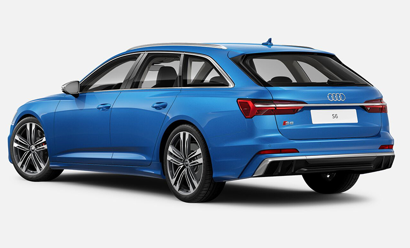 Blauer Audi S6 Avant seitliche Heckansicht 