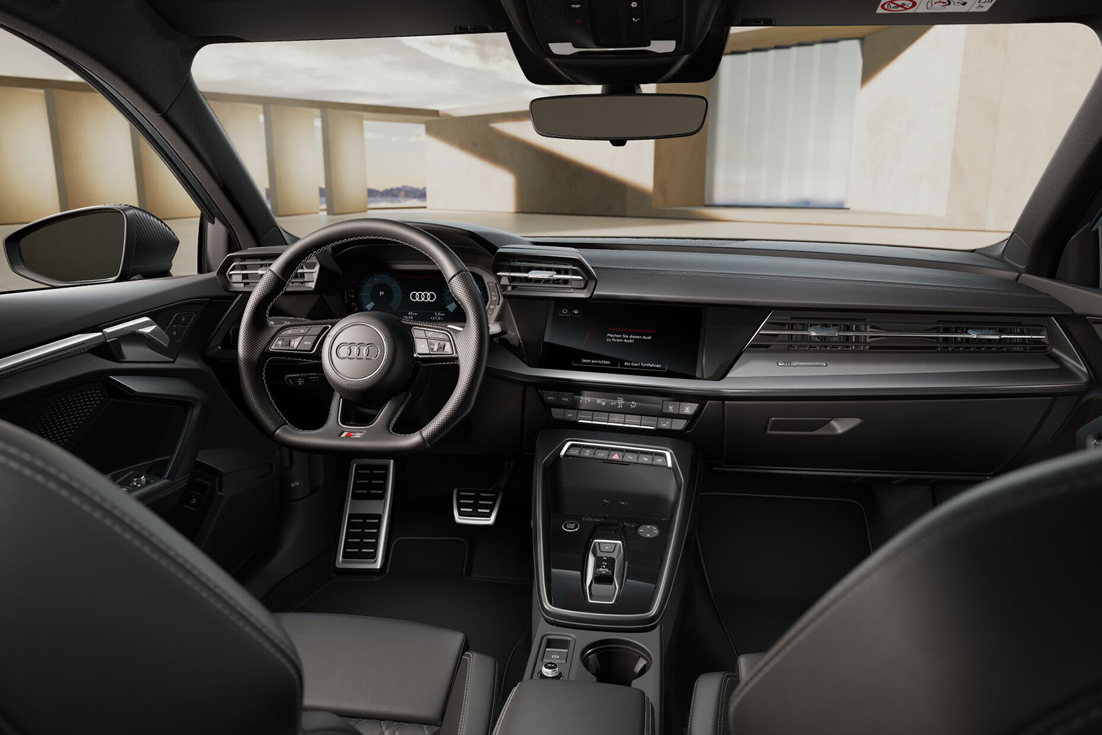Der Innenraum eines Audi A3 allstreet TFSI e mit Sicht auf das Cockpit