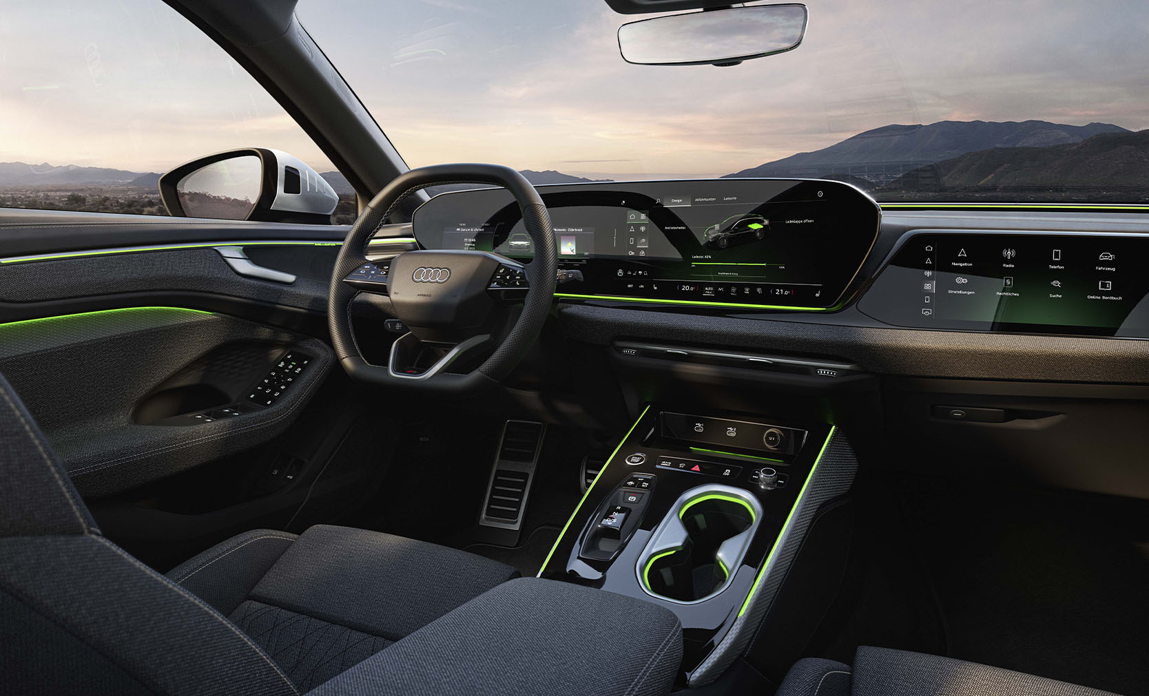 Eine wei&szlig;e Audi A6 Limousine e-hybrid von innen mit Blick auf das Cockpit