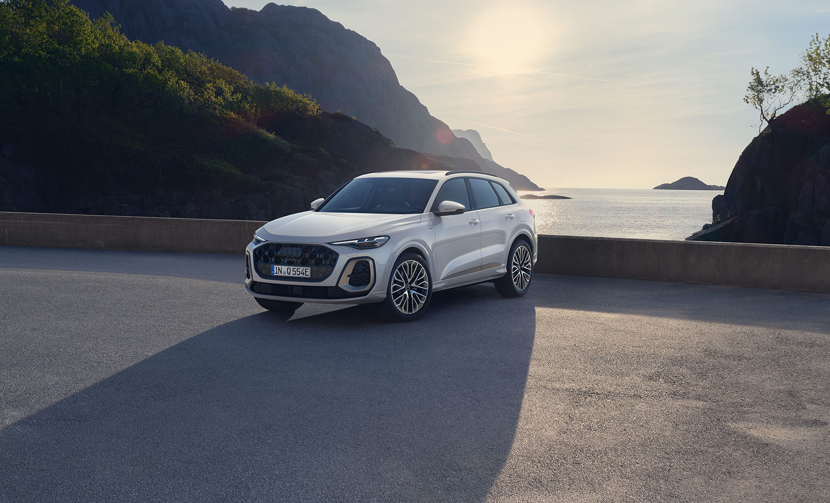Ein wei&szlig;er Audi Q5 SUV e-hybrid von vorn vor einem K&uuml;stenabschnitt