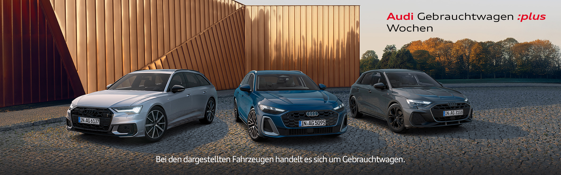 Audi A3, Audi A5 und Audi A6 Frontansicht vor kupferfarbenem Geb&auml;ude