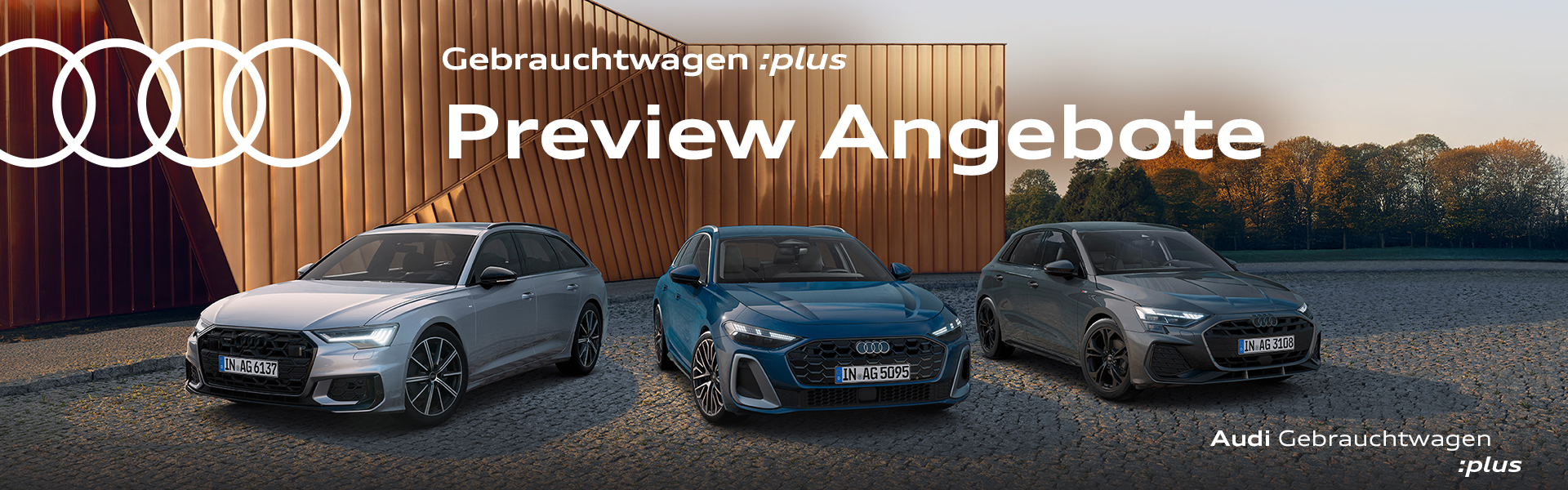 Audi A6, Audi A5 und Audi A3 Frontansicht vor kupferfarbenem Geb&auml;ude