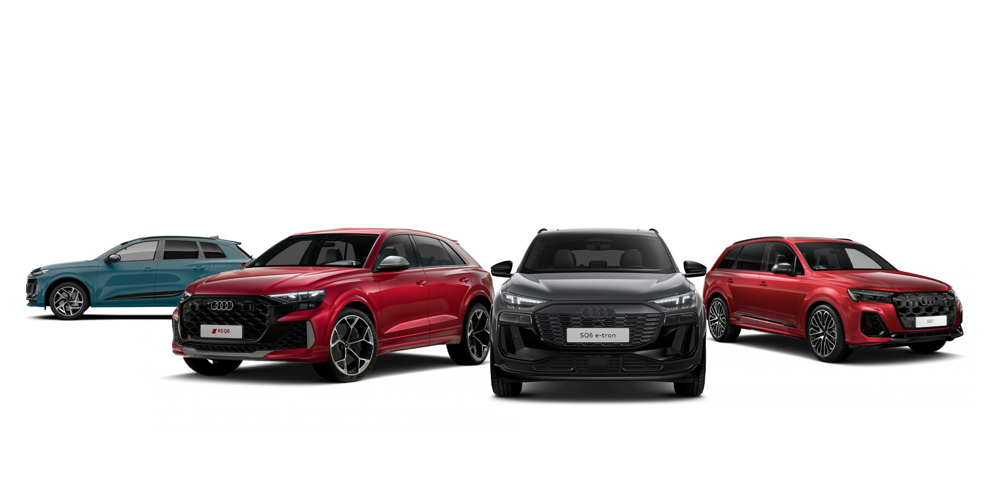 blauer Audi SQ5, roter Audi RS Q8 und Audi SQ7, grauer Audi SQ6 e-tron